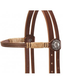 Western headstall with browband, conchos and rawhide accents - browband details