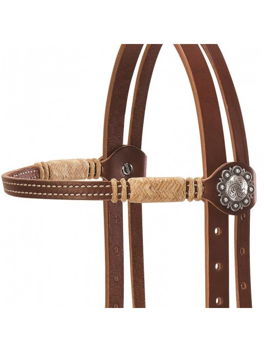 Western headstall with browband, conchos and rawhide accents - browband details