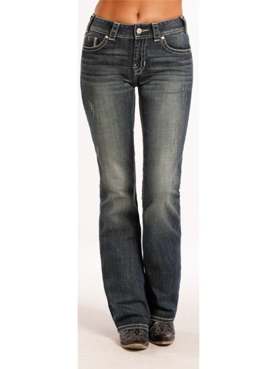 Rock & Roll Cowgirl Denim Damen Jeans 8476, mid rise, boot cut mit Stickerei und Strass Steinen von vorn.