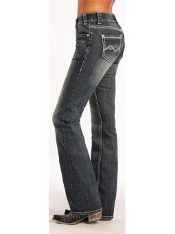 Rock & Roll Cowgirl Denim Damen Jeans 8476, mid rise, boot cut with embroidery and rhinestones. Side view..