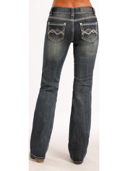 Rock & Roll Cowgirl Denim Damen Jeans 8476, mid rise, boot cut with embroidery and rhinestones. Back view..