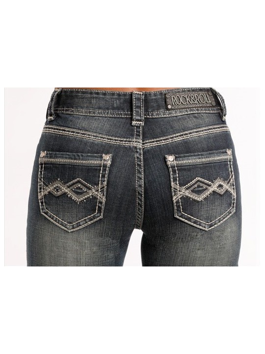 Rock & Roll Cowgirl Denim Damen Jeans 8476, mid rise, boot cut mit Stickerei und Strass Steinen Detail von hinten.