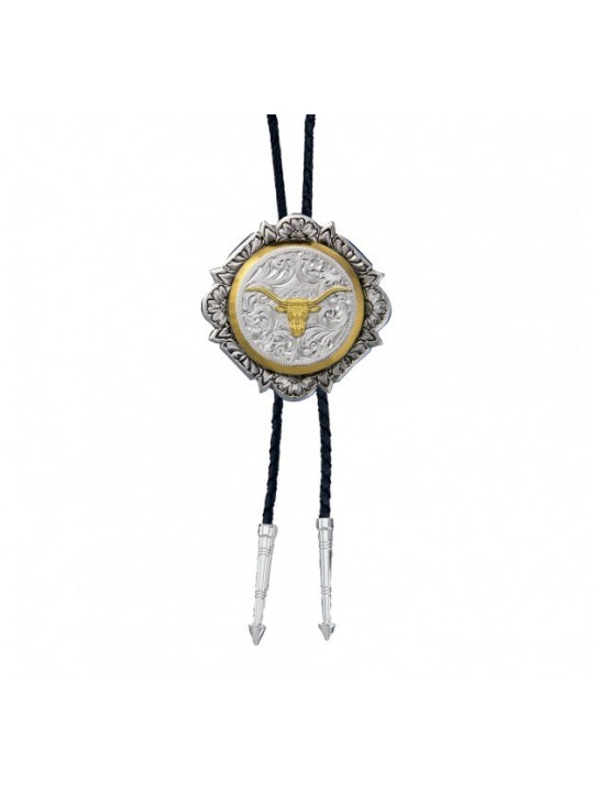 Silver and Gold Engraved Button Bolo Tie