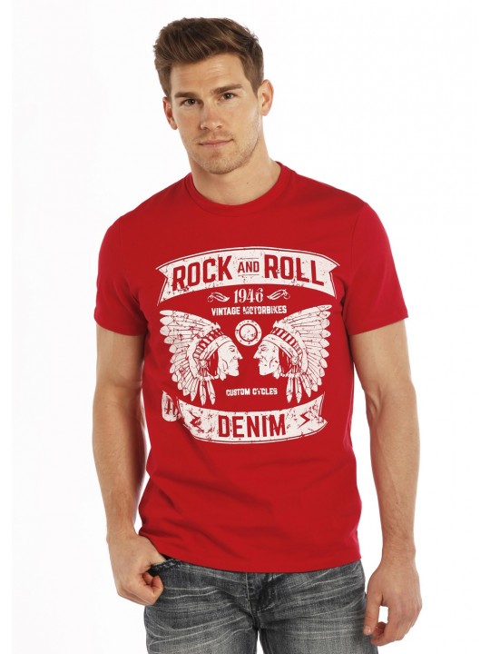 & with Roll T-shirt S red men\'s print Size Cowboy P9-9243 Rock