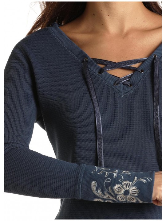Blue Embroidered Langarmshirt