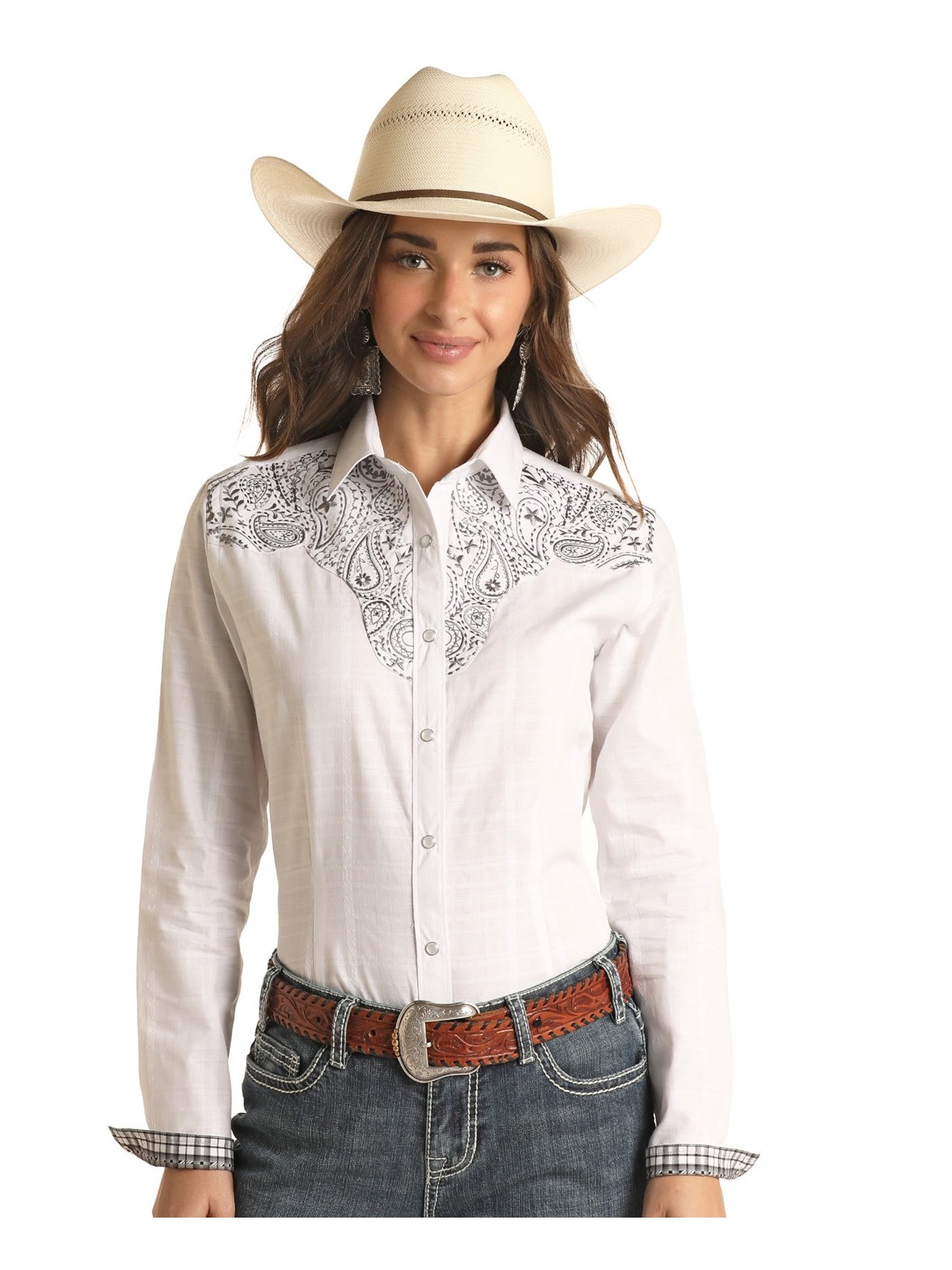 Westernbluse Bestickt weiss silber