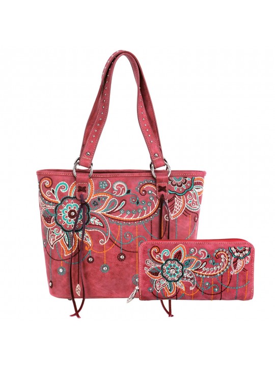 Floral Embroidered Handbag/Wallet Set rot