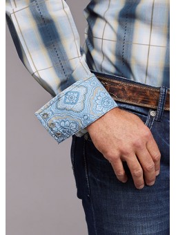 Stetson 11-001-0478-5016 BU Westernhemd kariert denimblau Ärmel