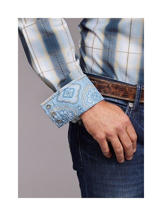 Stetson 11-001-0478-5016 BU Westernhemd kariert denimblau Ärmel