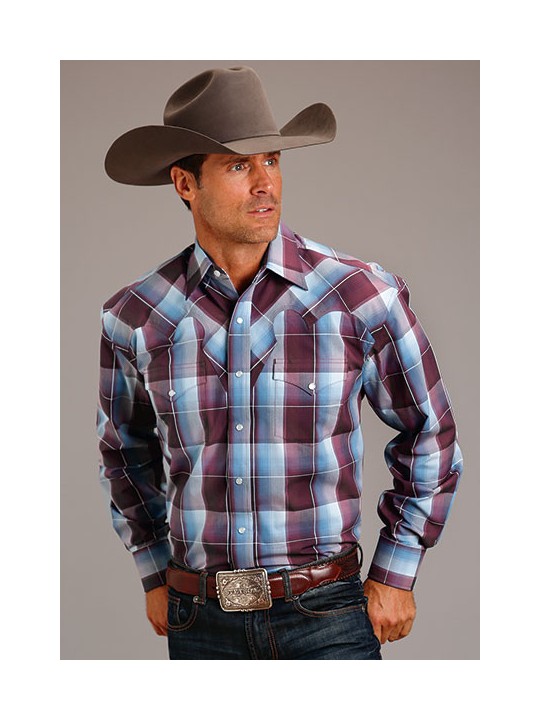 11-001-0478-4000 WI Stetson Men's Wine Buffalo Plaid Westernshirt